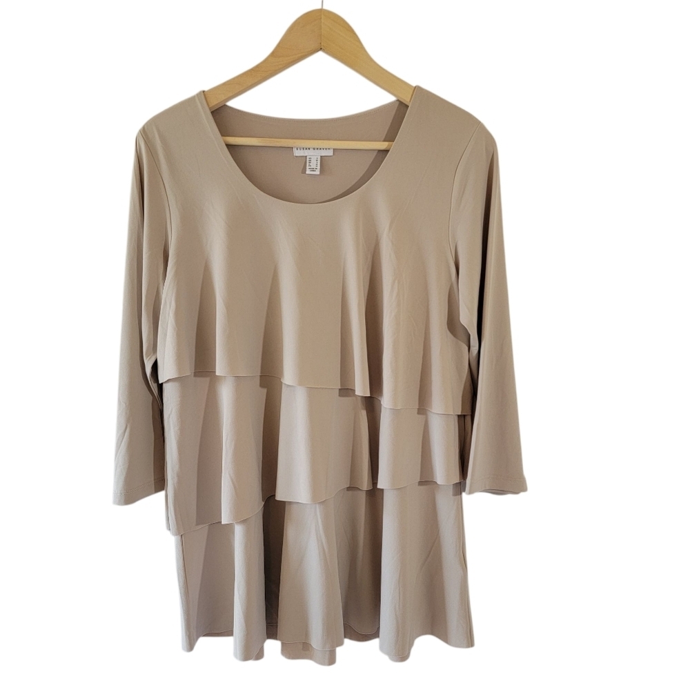 Susan Graver Tan Tiered Scoopneck Liquid Knit Blouse S Minimalist Fairy Grunge